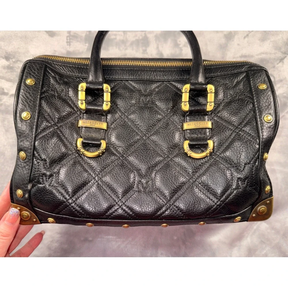 Metrocity Italy Black Quilted Pebbled Leather Satchel Handbag Brass Hardware